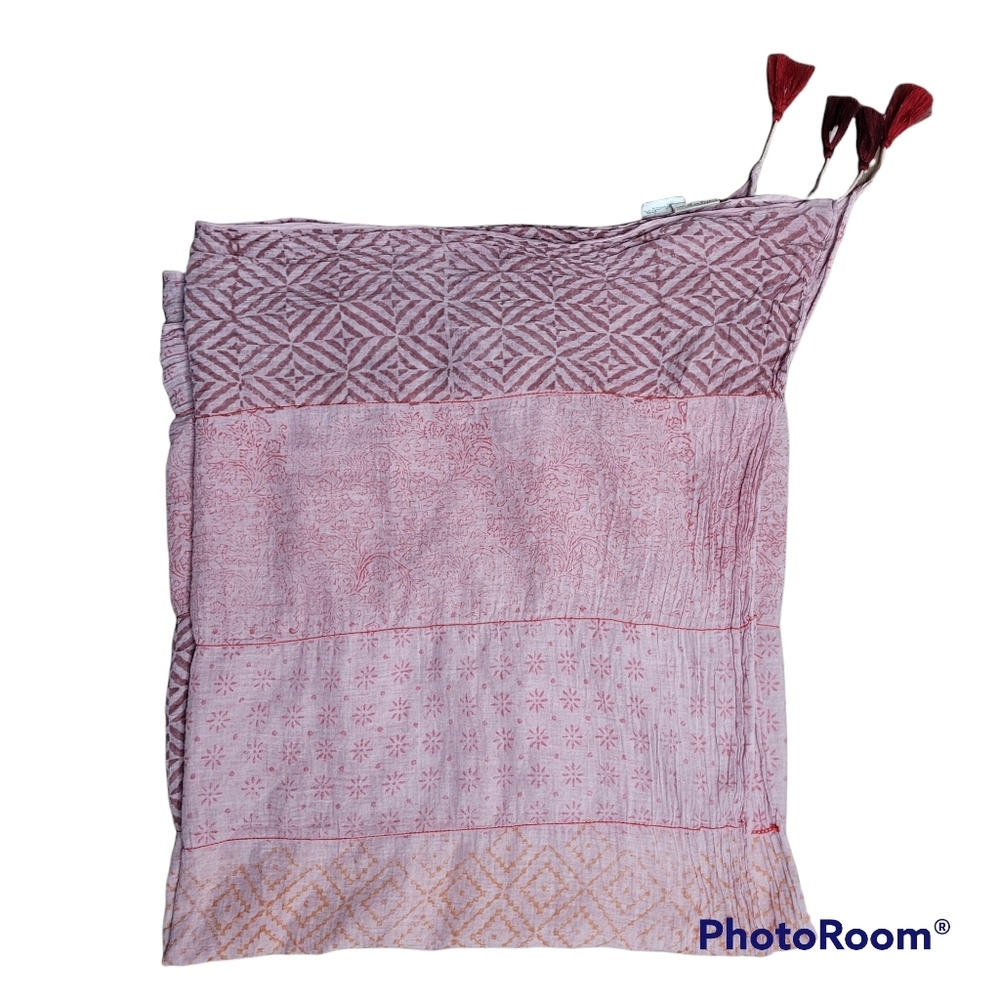 Hand printed red and pink scarf with tassels
